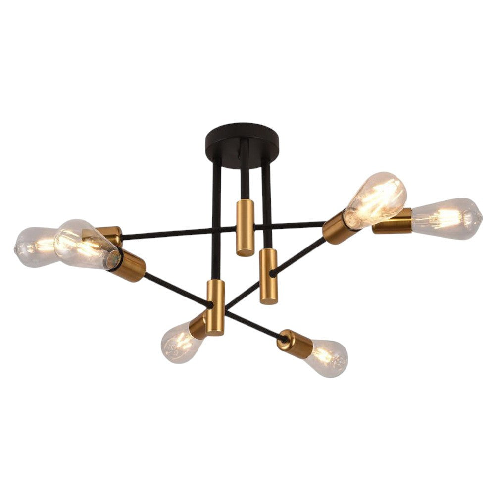 Lampadario Moderno a Soffitto 6 Luci (lampadine non incluse) – Plafoniera Design Industriale in Metallo Nero e Oro con Attacco E27– Soggiorno, Cucina, Camera, Sala da Pranzo