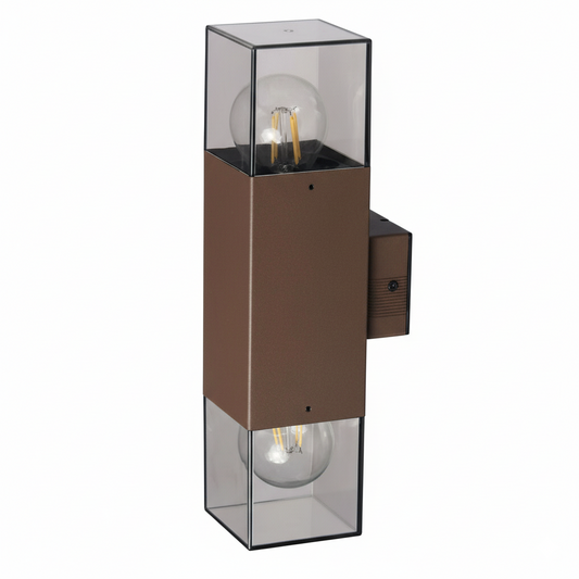 Applique da Esterno Up & Down IP44 – Lampada da Parete Biemissione Marrone con Attacco E27, Diffusore in Acrilico Trasparente, Lampadine non incluse