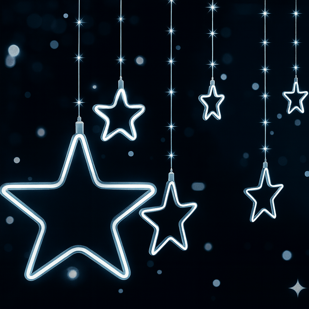 Tenda Luminosa a Stelle LED Luce calda fredda o multicolor 2,4 Metri – 8 Giochi di Luce – Flex Neon Decorativo Natalizio IP44 per Interno ed Esterno – Stelle 10/20 cm