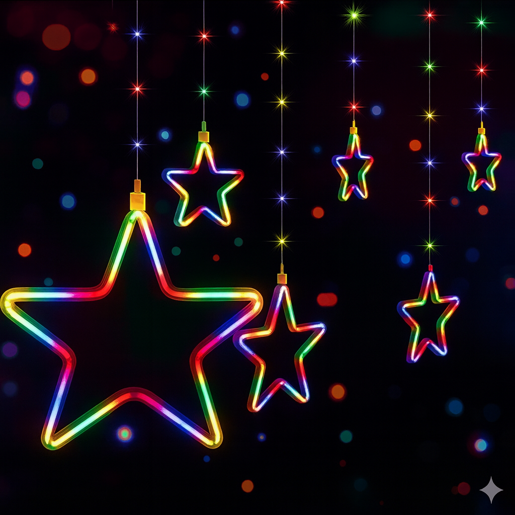 Tenda Luminosa a Stelle LED Luce calda fredda o multicolor 2,4 Metri – 8 Giochi di Luce – Flex Neon Decorativo Natalizio IP44 per Interno ed Esterno – Stelle 10/20 cm