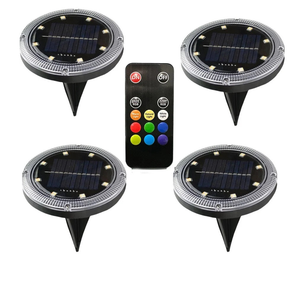 Kit 4 Faretti Solari LED RGBWW da Giardino IP65 con Telecomando – 11 Modalità, 8 LED, Ricarica Solare, Luce Calda, Naturale, Fredda e Colori RGB