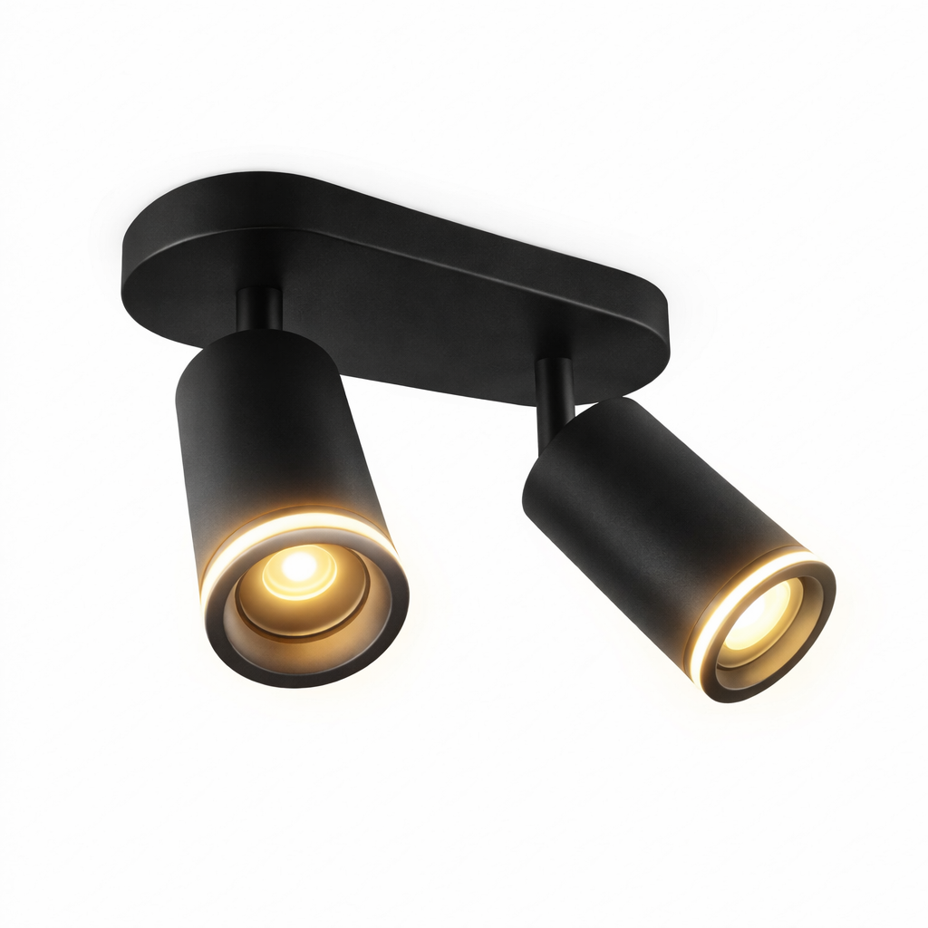Faretto a Soffitto 2 Luci Orientabili GU10 in Alluminio Nero, Plafoniera Spot Doppio Cilindrico per Interno, Portalampada GU10 per Cucina Corridoio Camera Soggiorno, Lampadine non incluse