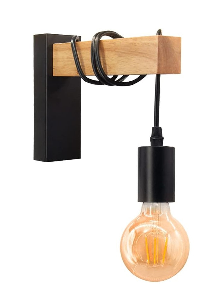 Applique Lampada da Parete Nera in Metallo, Design Industriale con Dettagli in Legno, Ideale per Interni, Attacco E27
