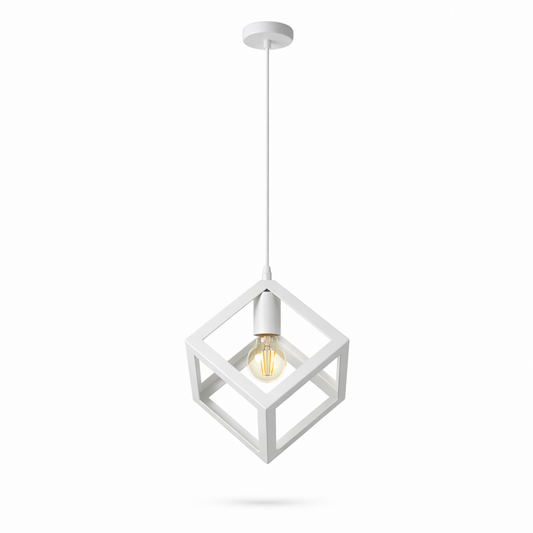 Lampadario Cubo Geometrico a Sospensione Bianco Attacco E27 Lampada Industrial Moderna Metallo per Cucina Tavolo Soggiorno Ristorante