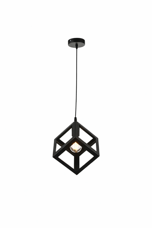 Lampadario Cubo Geometrico a Sospensione Nero Attacco E27 Lampada Industrial Moderna Metallo per Cucina Tavolo Soggiorno Ristorante