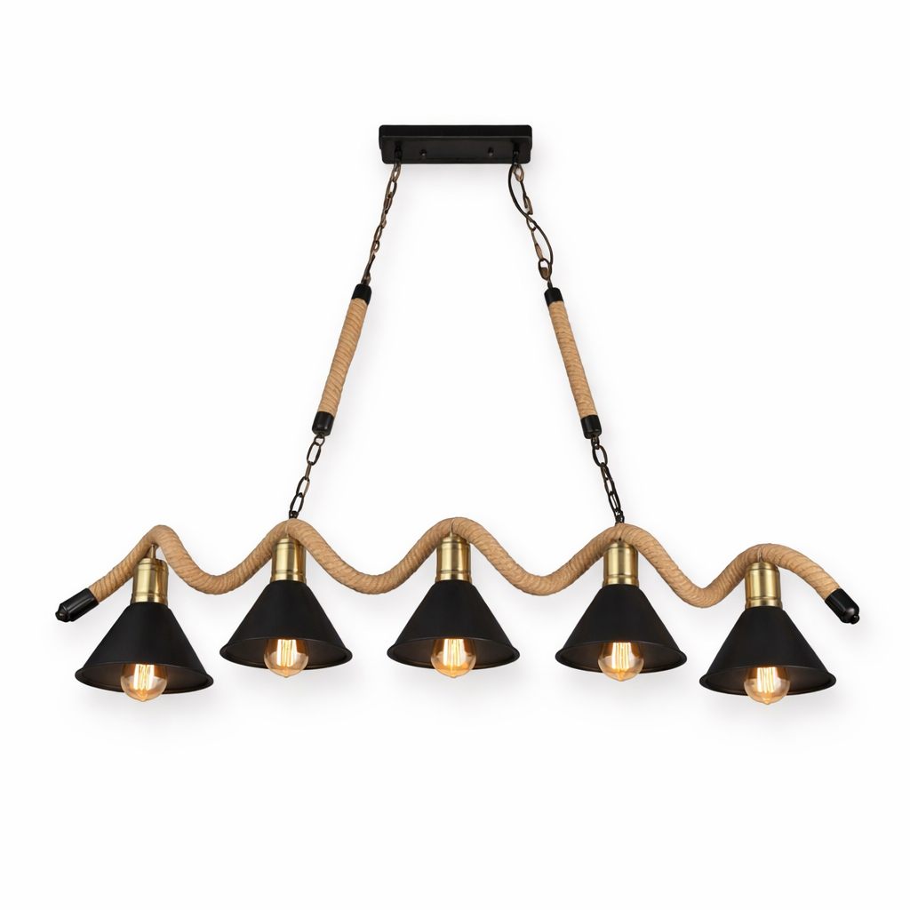 Lampadario a Sospensione 5 Luci Stile Industriale con Corda in Canapa, Attacco E27 (lampadine non incluse), Paralumi Metallo Nero e Ottone, Lampadario Rustico per Cucina Sala da Pranzo Pub