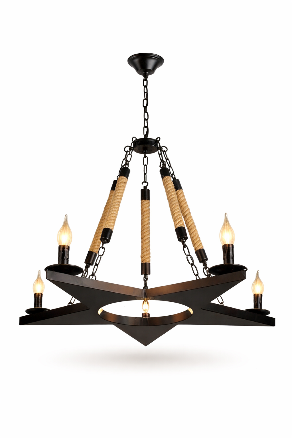 Lampadario Industriale a Sospensione Stella 5 Luci E14 in Metallo Nero con Corde in Canapa Stile Vintage Rustico per Soggiorno Sala da Pranzo Loft
