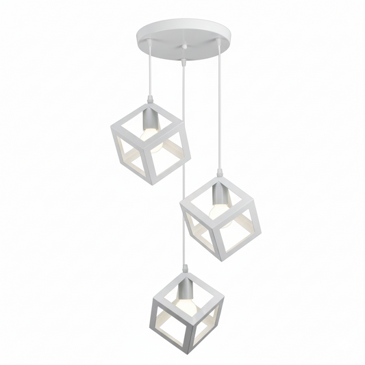 Lampadario a Sospensione Moderno 3 Luci – Struttura Geometrica a Cubo in Metallo Nero o Bianco – Portalampada E27 – Illuminazione Design per Cucina, Sala da Pranzo, Soggiorno