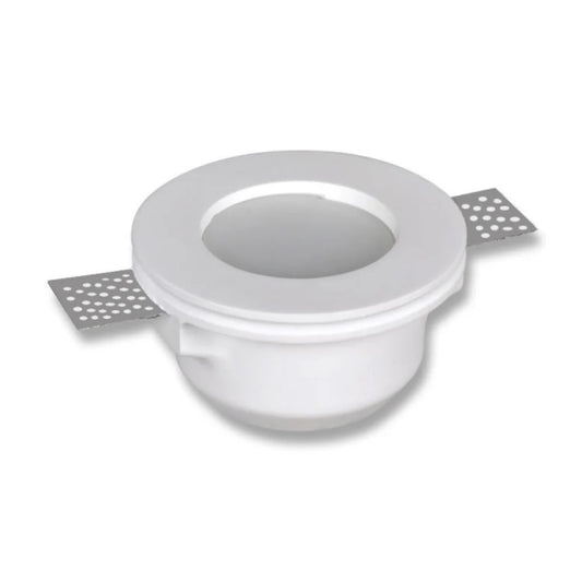 Portafaretto da incasso in gesso a scomparsa, diametro 120mm, altezza 65mm, foro 125mm, con vetro opaco, compatibile con faretti GU10