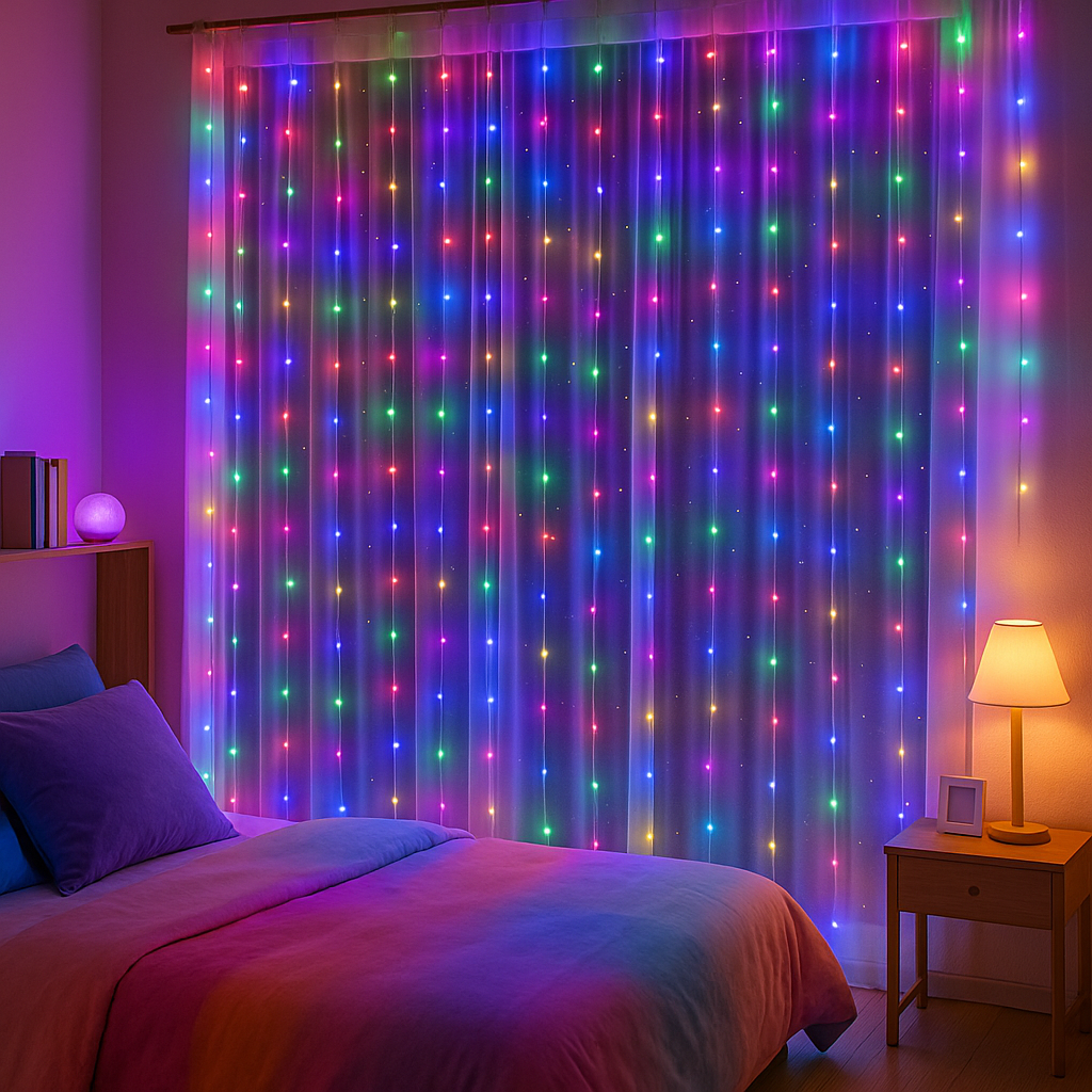 Tenda Luminosa LED 300 Luci 3x3 m con Telecomando, 8 Giochi di Luce, Cavo Silver, Alimentazione USB 5V, Ganci per Appenderla, Luce Calda, Fredda o Multicolor per Finestre, Pareti e Decorazioni Natalizie