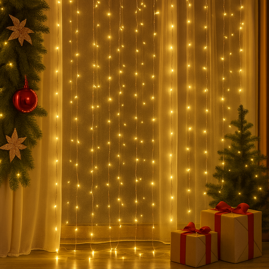 Tenda Luminosa MicroLED 300 Luci – 3x3 Metri con Cavo Trasparente e 8 Giochi di Luce – Luci Decorative per Interni – Luce Calda, Trasformatore 31V