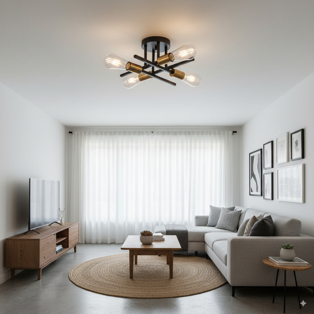 Plafoniera da Soffitto Moderna in Metallo Nero e Oro, Attacco E27, Design Industriale, 4 Portalampada, IP20, 220V (senza lampadine)