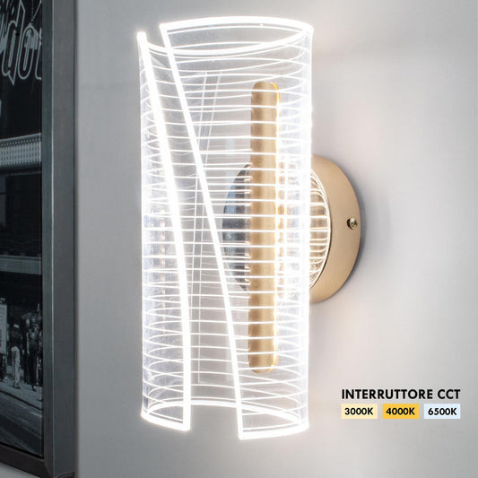 Applique LED da Parete Interno 6W CCT 3000K-4000K-6500K in Metallo Dorato con Diffusore Acrilico – Design Moderno Decorativo per Salotto, Camera, Corridoio