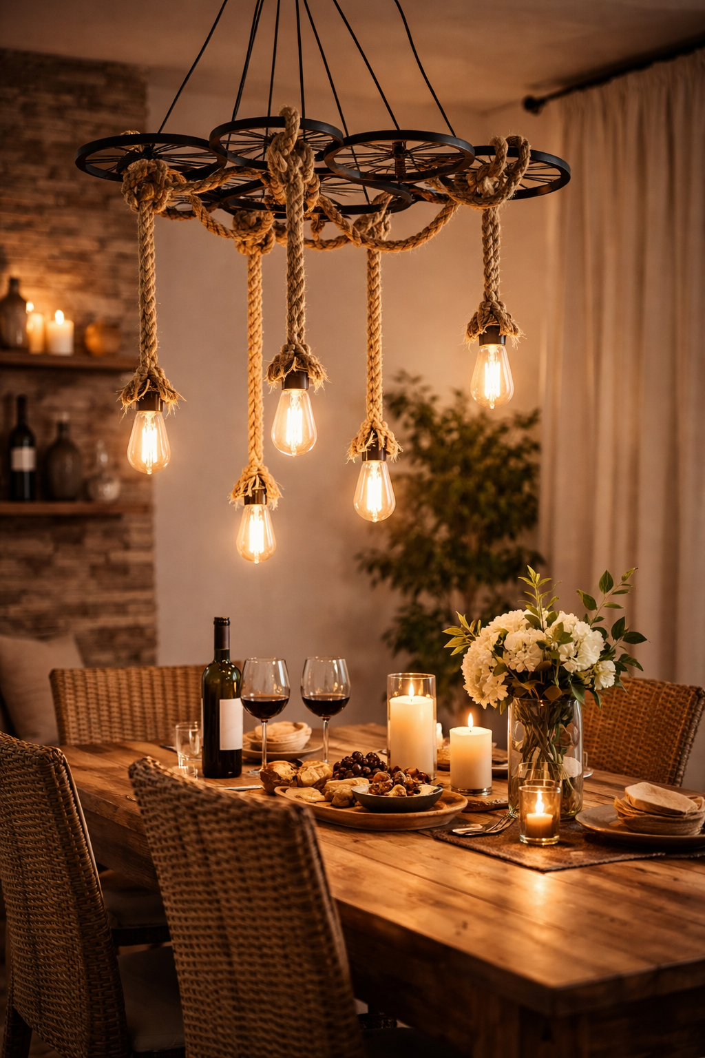 Lampadario Rustico Industriale a Sospensione 6 Luci con Corde in Canapa Attacco E27 Struttura in Metallo Nero Stile Vintage per Soggiorno Sala da Pranzo Locale