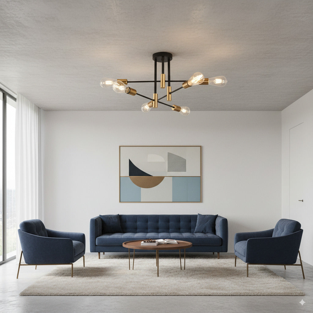 Lampadario Moderno a Soffitto 6 Luci (lampadine non incluse) – Plafoniera Design Industriale in Metallo Nero e Oro con Attacco E27– Soggiorno, Cucina, Camera, Sala da Pranzo