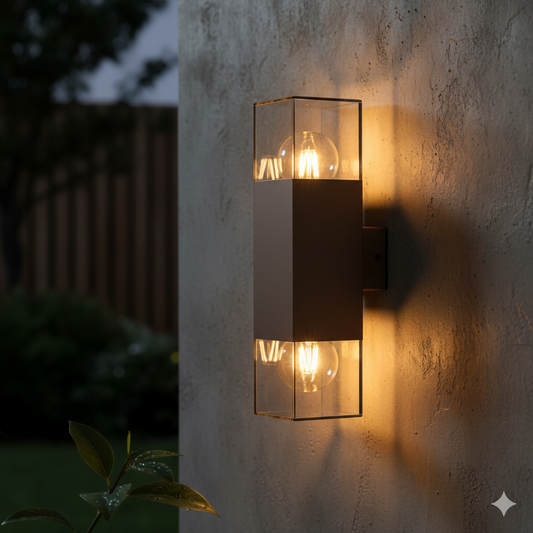 Applique da Esterno Up & Down IP44 – Lampada da Parete Biemissione Marrone con Attacco E27, Diffusore in Acrilico Trasparente, Lampadine non incluse