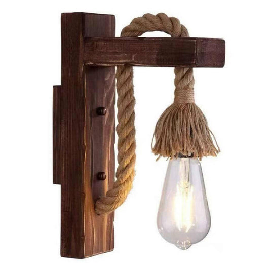 Applique da Parete in Legno e Corda di Canapa E27 – Stile Rustico Vintage Country per Interni – Lampada Decorativa da Muro per Soggiorno, Cucina, Bar e Ristoranti – 180x320 mm