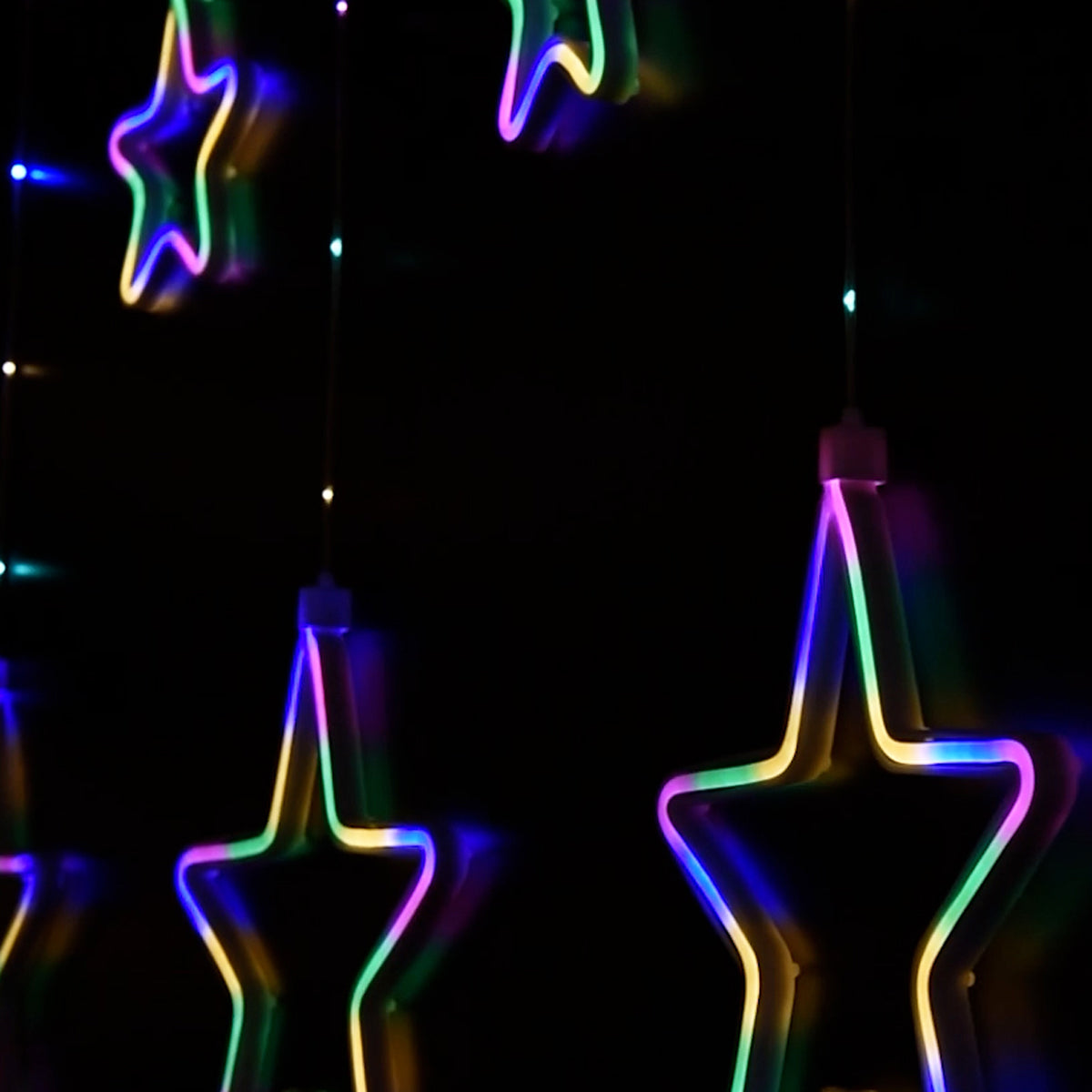 Tenda Luminosa a Stelle LED Luce calda fredda o multicolor 2,4 Metri – 8 Giochi di Luce – Flex Neon Decorativo Natalizio IP44 per Interno ed Esterno – Stelle 10/20 cm