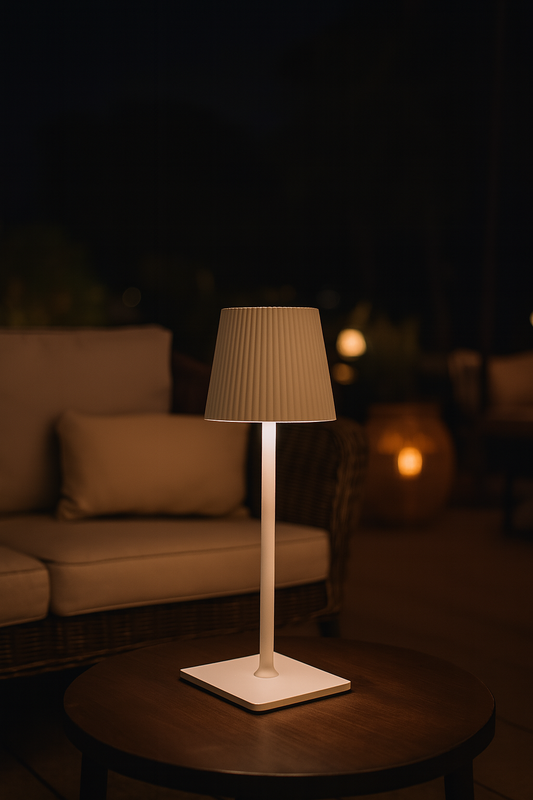 Lampada da tavolo LED bianca 5W ricaricabile con pannello solare e cavo USB, 40 cm, luce calda/fredda/naturale, sensore crepuscolare, batteria 2000mAh