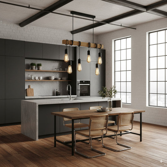 Lampadario a sospensione industriale 6 portalampade E27, barra in legno e metallo nero, design vintage regolabile per cucina, sala da pranzo e soggiorno