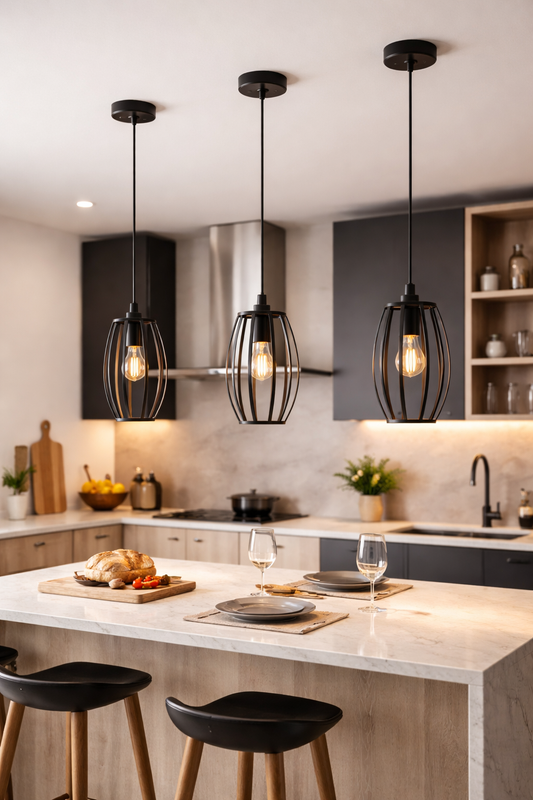 Lampadario Industriale a Sospensione E27 Nero in Metallo, Gabbia Vintage, Lampada a Soffitto per Cucina Isola Soggiorno Ristorante, Lampadina Non Inclusa