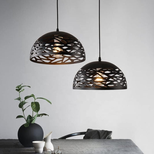 Lampadario a sospensione E27 in metallo nero, paralume traforato Ø36 cm, design moderno, IP20 – Altezza regolabile fino a 137 cm