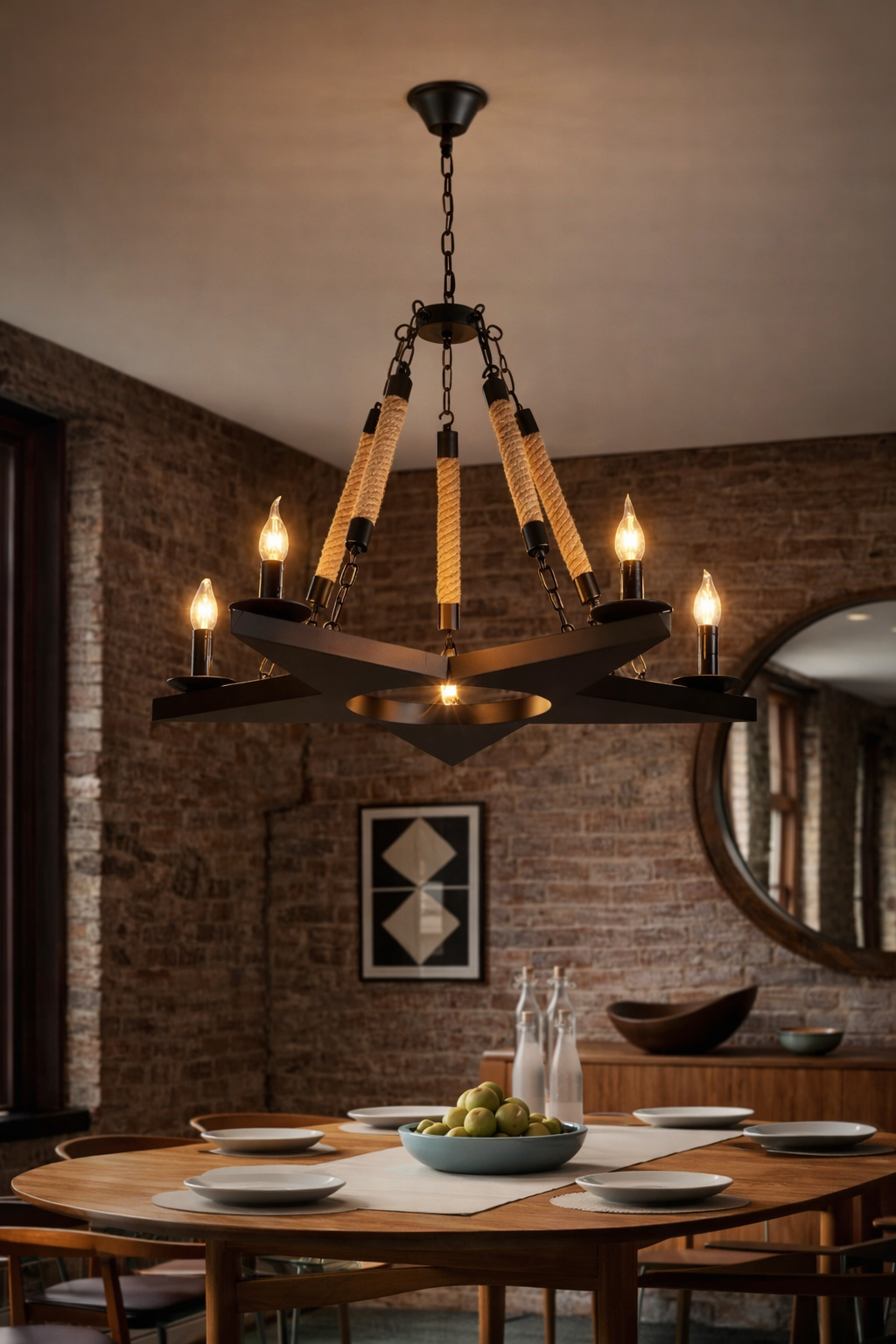 Lampadario Industriale a Sospensione Stella 5 Luci E14 in Metallo Nero con Corde in Canapa Stile Vintage Rustico per Soggiorno Sala da Pranzo Loft