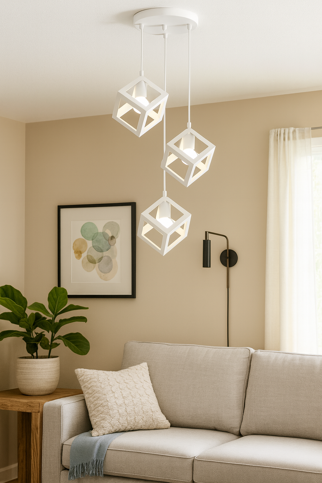 Lampadario a Sospensione Moderno 3 Luci – Struttura Geometrica a Cubo in Metallo Nero o Bianco – Portalampada E27 – Illuminazione Design per Cucina, Sala da Pranzo, Soggiorno