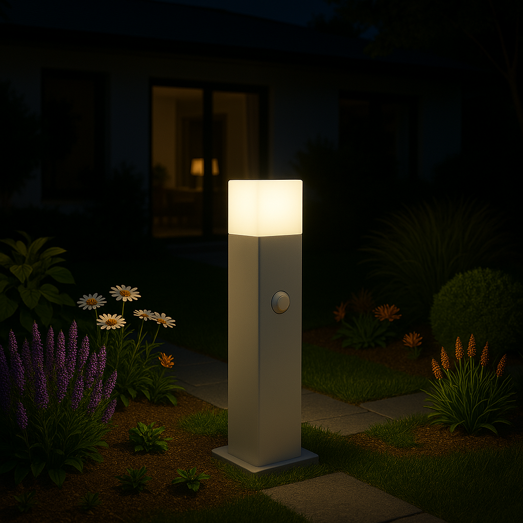 Paletto luminoso da giardino con sensore di movimento, attacco E27, IP44, alluminio e diffusore acrilico, lampione per esterni