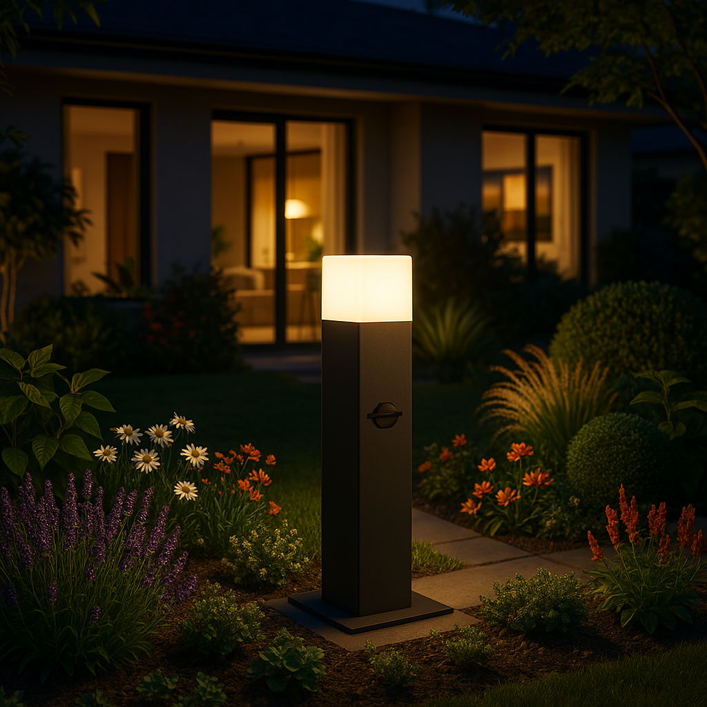 Paletto luminoso da giardino con sensore di movimento, attacco E27, IP44, alluminio e diffusore acrilico, lampione per esterni