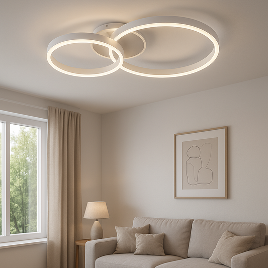 Plafoniera LED Moderna 42W 3360lm CCT Switch – Luce Calda 3000K, Naturale 4000K, Fredda 6500K – Design Doppio Cerchio Bianco in Alluminio e Acrilico per Interni 220V