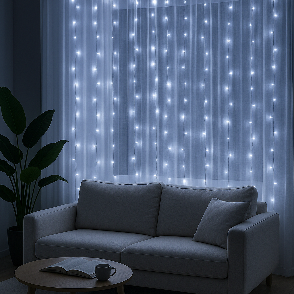 Tenda Luminosa LED 300 Luci 3x3 m con Telecomando, 8 Giochi di Luce, Cavo Silver, Alimentazione USB 5V, Ganci per Appenderla, Luce Calda, Fredda o Multicolor per Finestre, Pareti e Decorazioni Natalizie