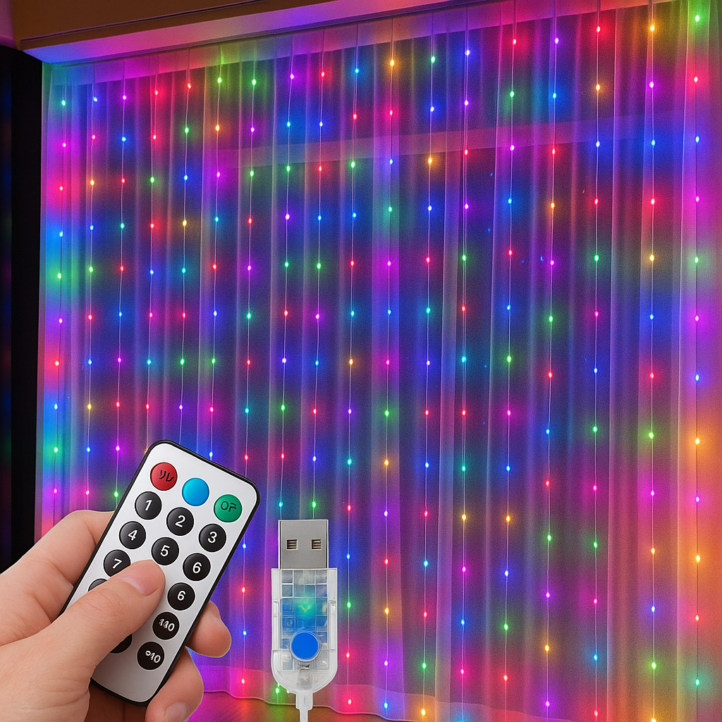 Tenda Luminosa LED 300 Luci 3x3 m con Telecomando, 8 Giochi di Luce, Cavo Silver, Alimentazione USB 5V, Ganci per Appenderla, Luce Calda, Fredda o Multicolor per Finestre, Pareti e Decorazioni Natalizie
