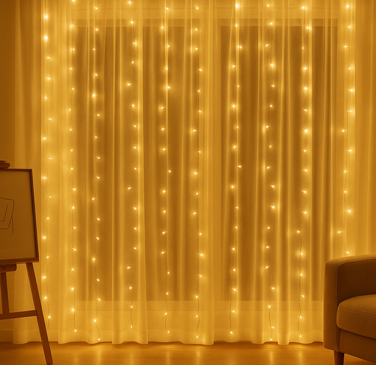 Tenda Luminosa MicroLED 300 Luci – 3x3 Metri con Cavo Trasparente e 8 Giochi di Luce – Luci Decorative per Interni – Luce Calda, Trasformatore 31V