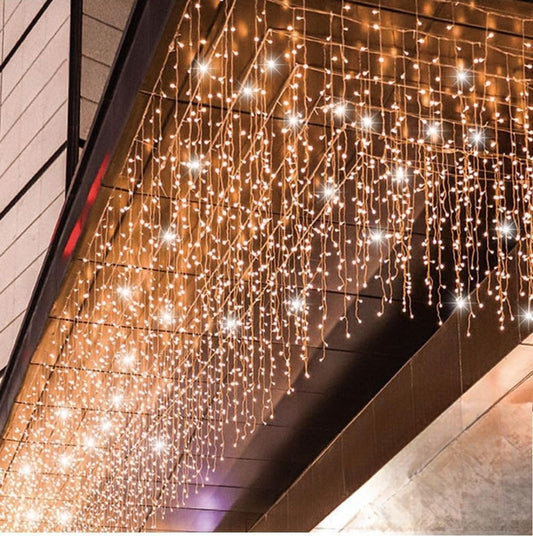 Tenda Luminosa Natalizia 12 metri Stalattiti a LED 480 Luci calde + led intermittenti Bianco Freddo per Interno ed Esterno IP44