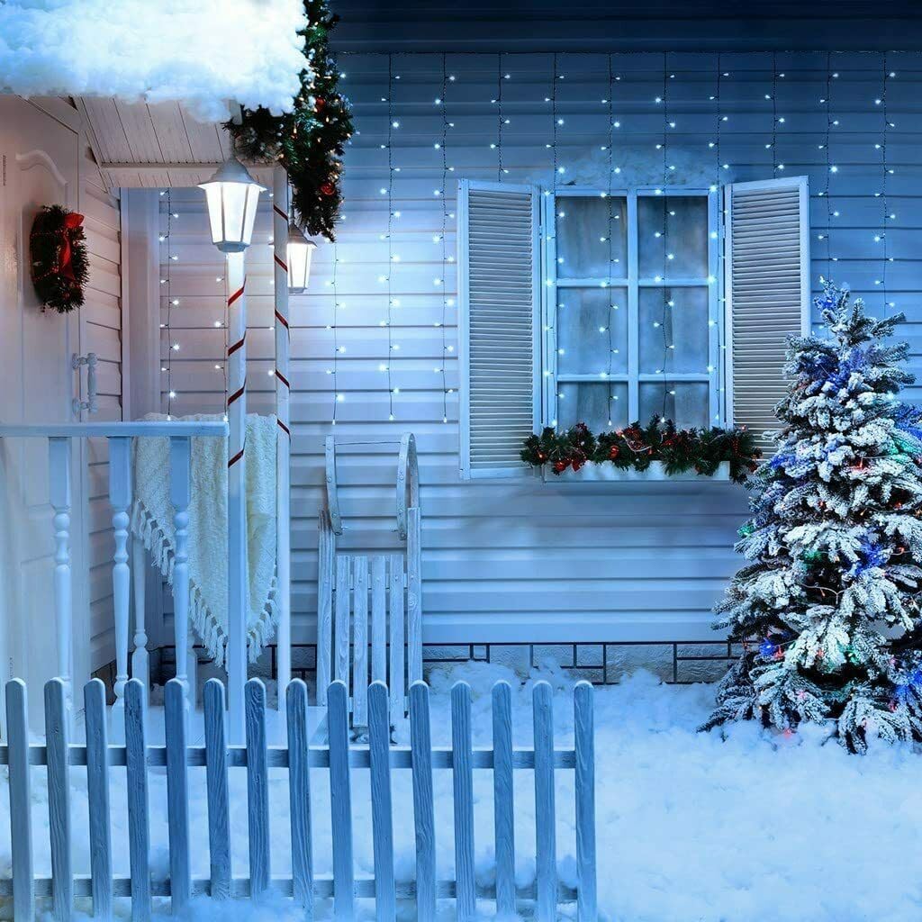 Tenda Luminosa Natalizia 3 x 1 metri Stalattiti a 200 LED Luci calde, blu o fredde + led intermittenti Bianco Freddo per Interno ed Esterno IP44