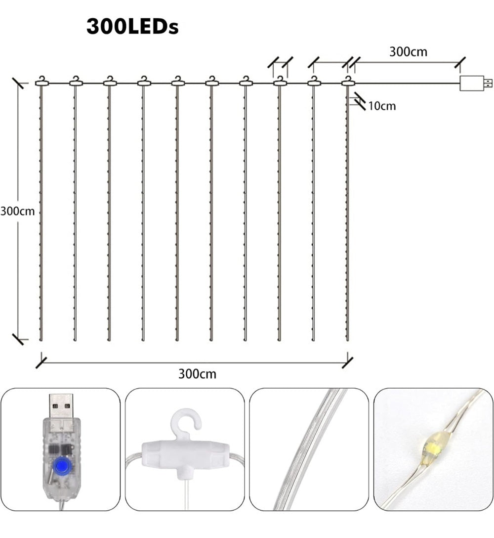 Tenda Luminosa LED 300 Luci 3x3 m con Telecomando, 8 Giochi di Luce, Cavo Silver, Alimentazione USB 5V, Ganci per Appenderla, Luce Calda, Fredda o Multicolor per Finestre, Pareti e Decorazioni Natalizie