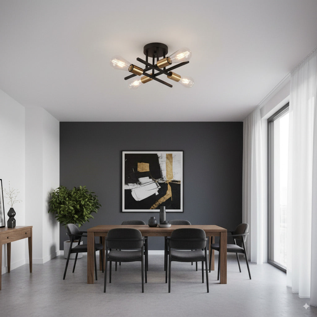 Plafoniera da Soffitto Moderna in Metallo Nero e Oro, Attacco E27, Design Industriale, 4 Portalampada, IP20, 220V (senza lampadine)