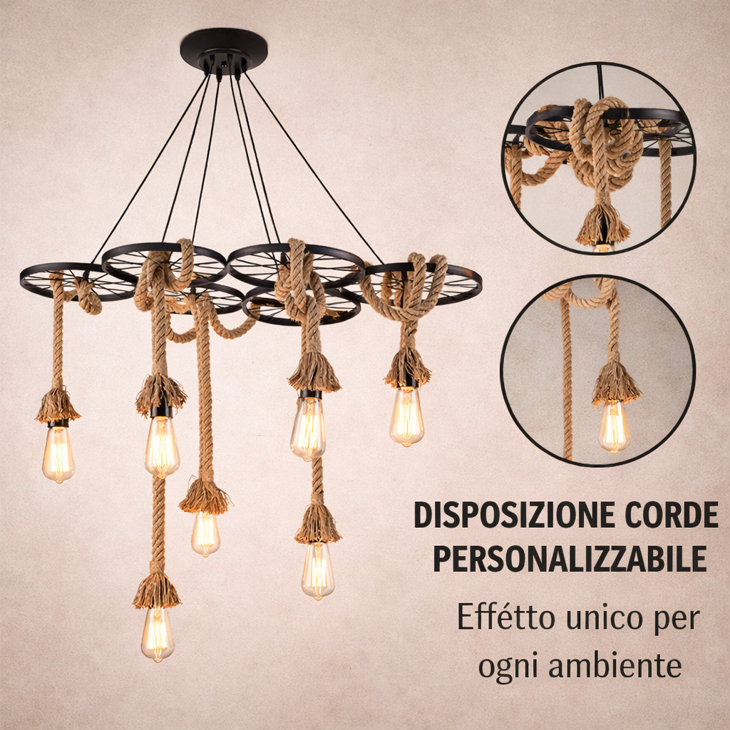 Lampadario Rustico Industriale a Sospensione 6 Luci con Corde in Canapa Attacco E27 Struttura in Metallo Nero Stile Vintage per Soggiorno Sala da Pranzo Locale