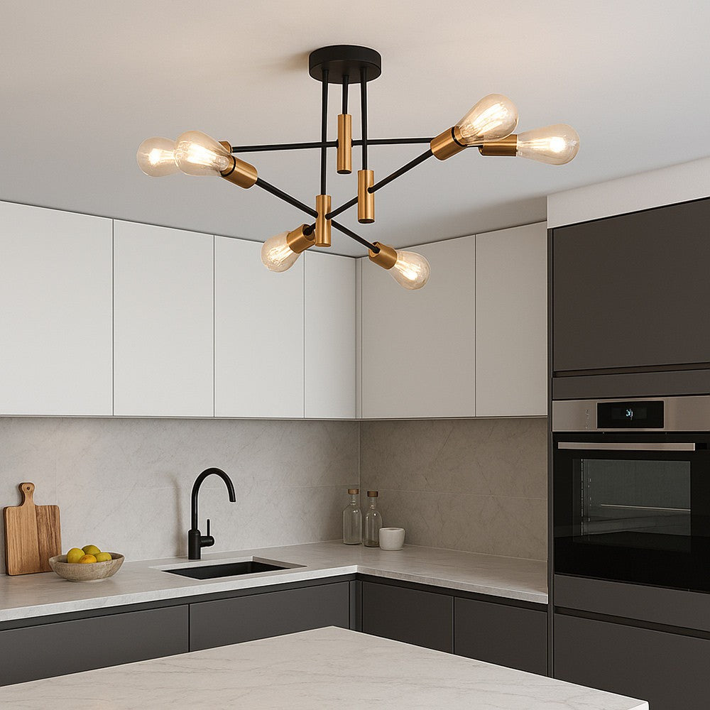 Lampadario Moderno a Soffitto 6 Luci (lampadine non incluse) – Plafoniera Design Industriale in Metallo Nero e Oro con Attacco E27– Soggiorno, Cucina, Camera, Sala da Pranzo