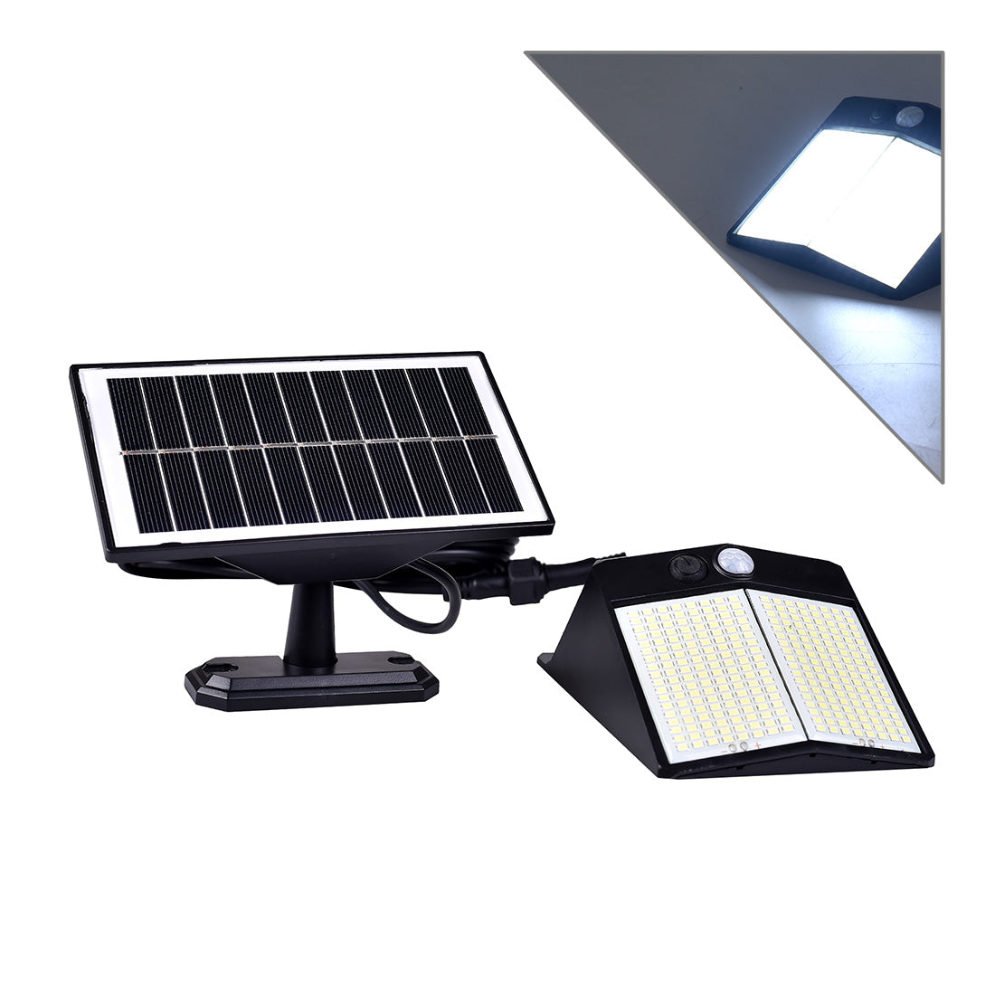 Faretto LED Solare da Esterno con Sensore di Movimento, 288 LED, Luce Fredda 6500K, IP65 Impermeabile, con Pannello Solare Separato e Cavo da 5m, Ricarica Solare Automatica