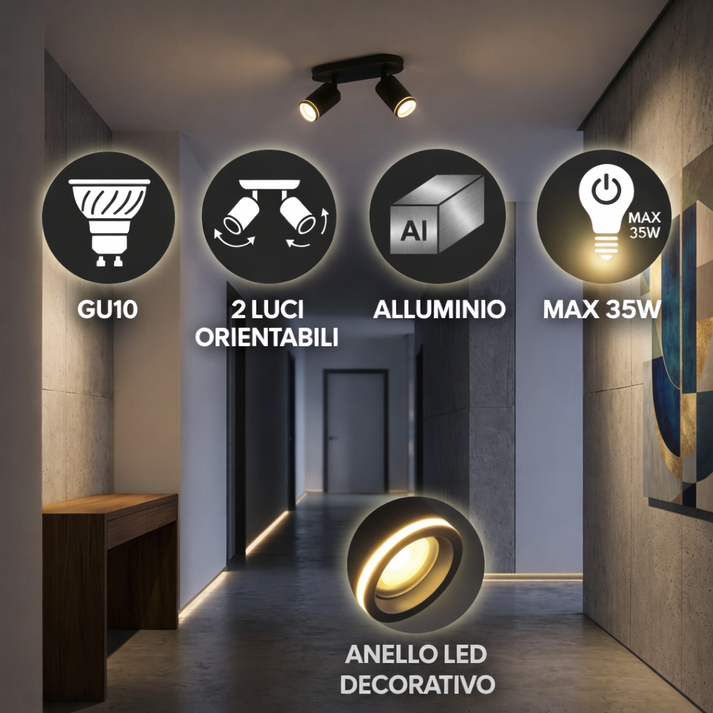 Faretto a Soffitto 2 Luci Orientabili GU10 in Alluminio Nero, Plafoniera Spot Doppio Cilindrico per Interno, Portalampada GU10 per Cucina Corridoio Camera Soggiorno, Lampadine non incluse