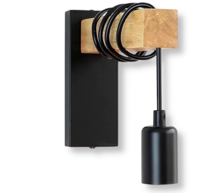 Applique Lampada da Parete Nera in Metallo, Design Industriale con Dettagli in Legno, Ideale per Interni, Attacco E27