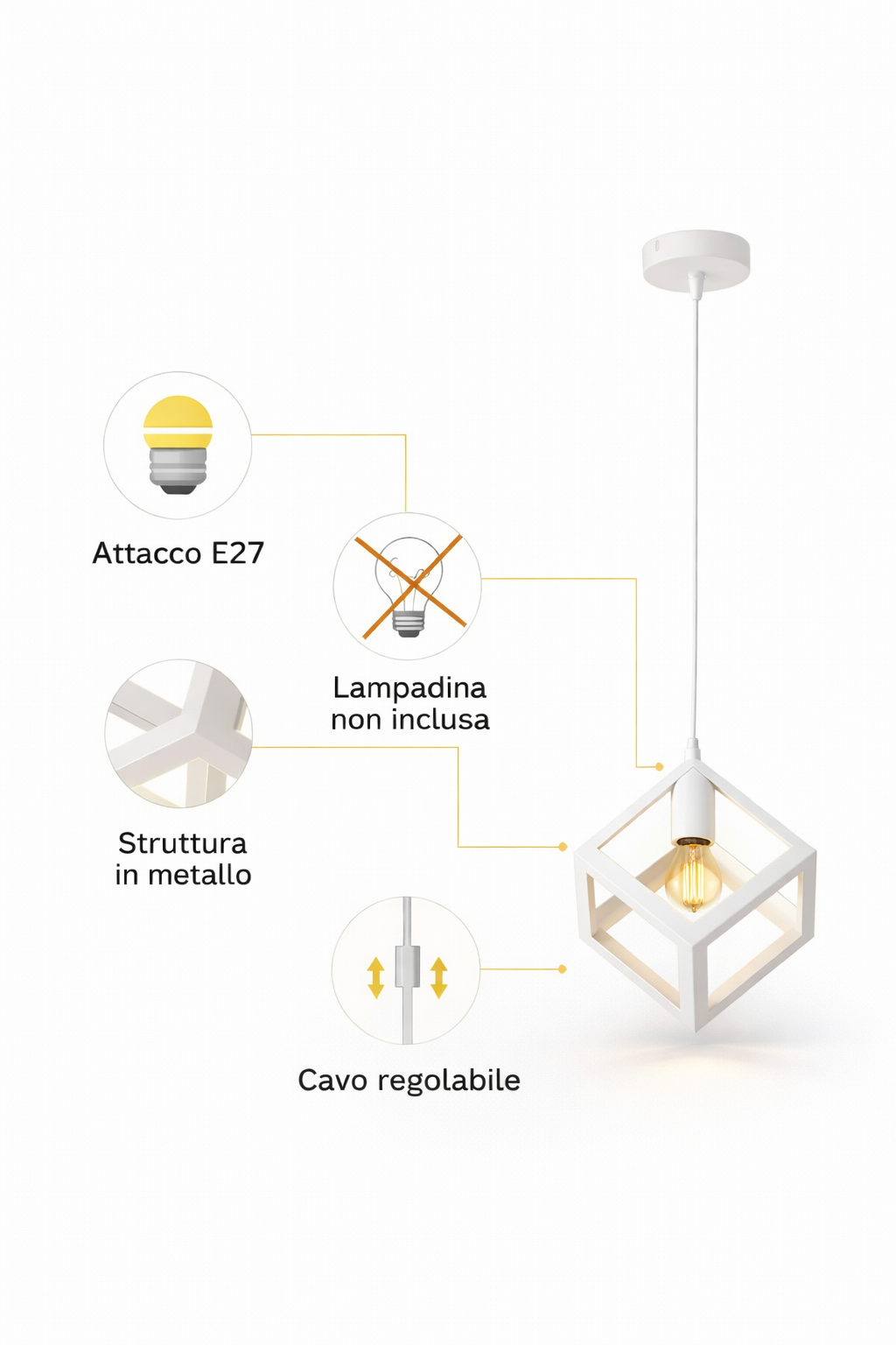 Lampadario Cubo Geometrico a Sospensione Bianco Attacco E27 Lampada Industrial Moderna Metallo per Cucina Tavolo Soggiorno Ristorante