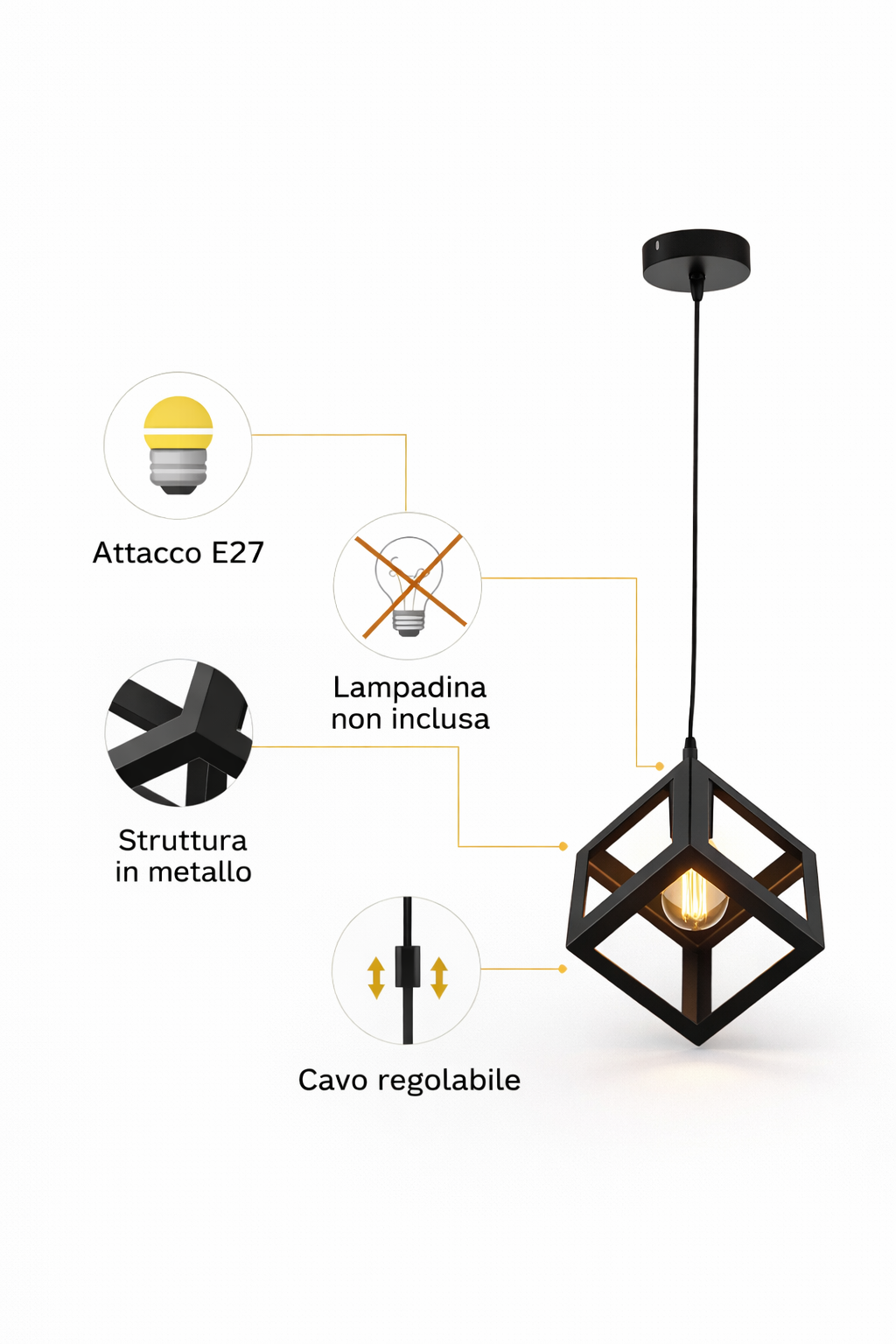 Lampadario Cubo Geometrico a Sospensione Nero Attacco E27 Lampada Industrial Moderna Metallo per Cucina Tavolo Soggiorno Ristorante