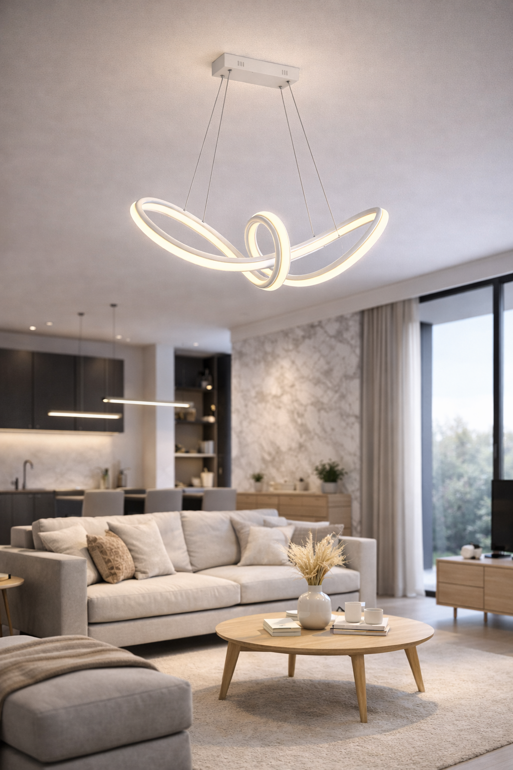 Lampadario LED a Sospensione Moderno 60W 4800 Lumen CCT 3 Colori Luce Calda Fredda e Naturale, Design Intrecciato in Alluminio e PVC, per Soggiorno Cucina Sala da Pranzo Bianco