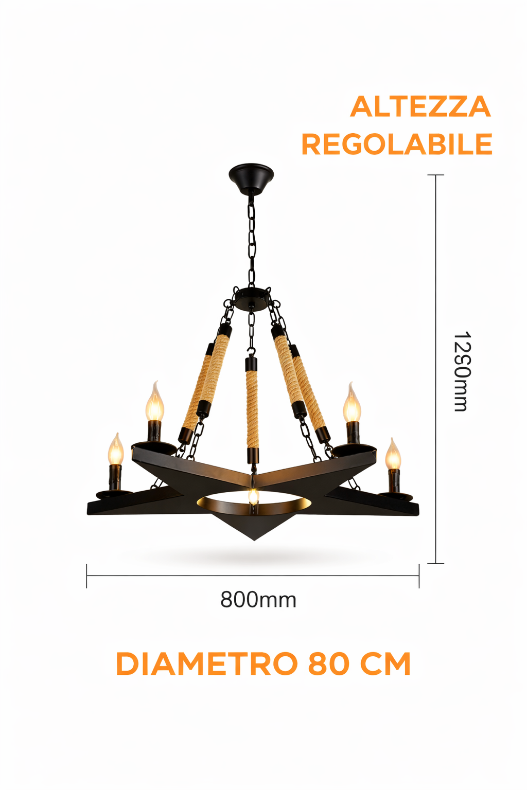 Lampadario Industriale a Sospensione Stella 5 Luci E14 in Metallo Nero con Corde in Canapa Stile Vintage Rustico per Soggiorno Sala da Pranzo Loft