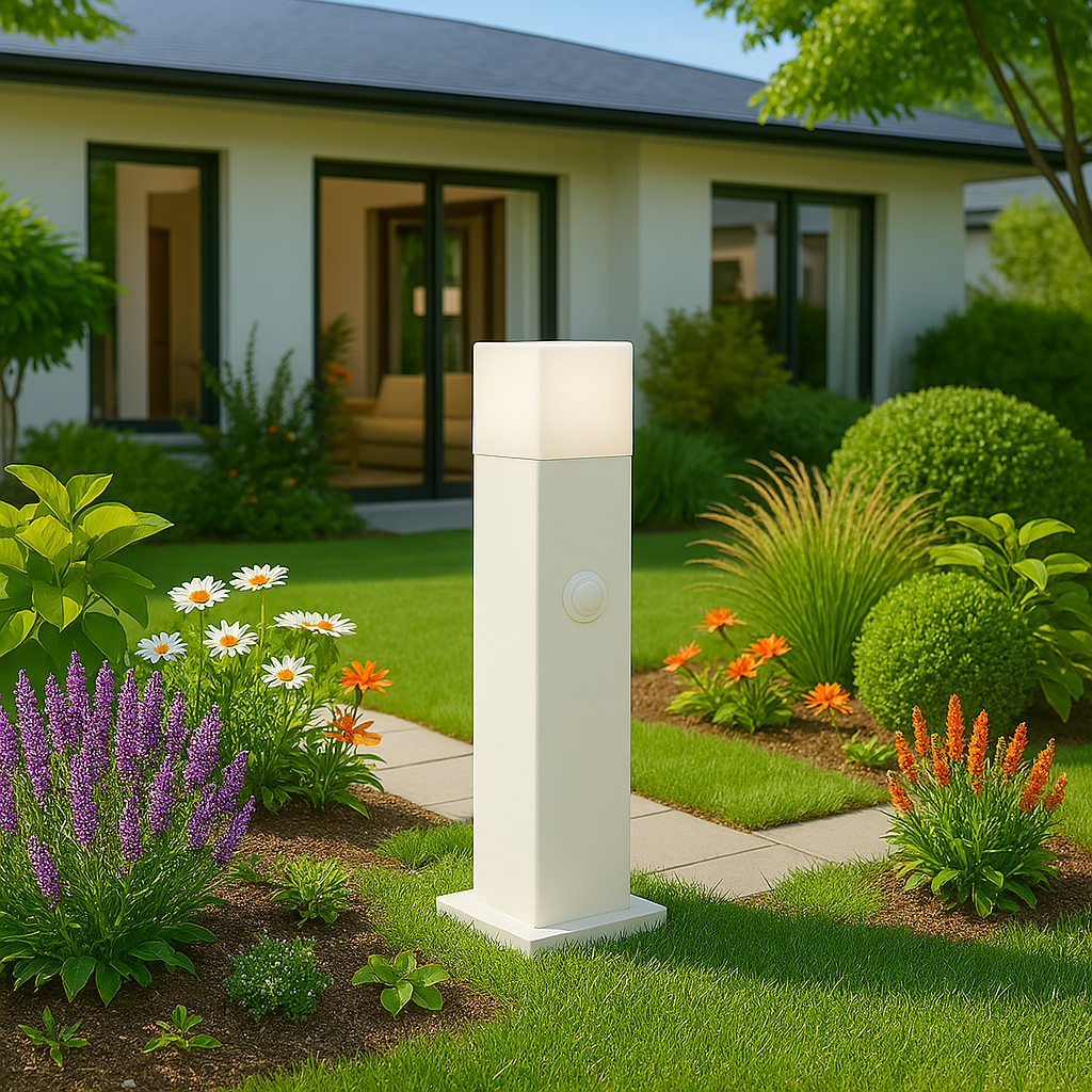 Paletto luminoso da giardino con sensore di movimento, attacco E27, IP44, alluminio e diffusore acrilico, lampione per esterni