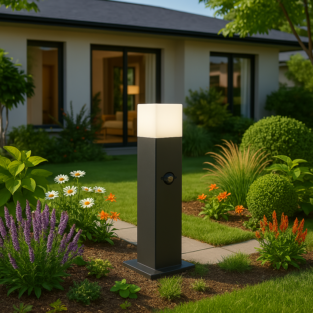 Paletto luminoso da giardino con sensore di movimento, attacco E27, IP44, alluminio e diffusore acrilico, lampione per esterni