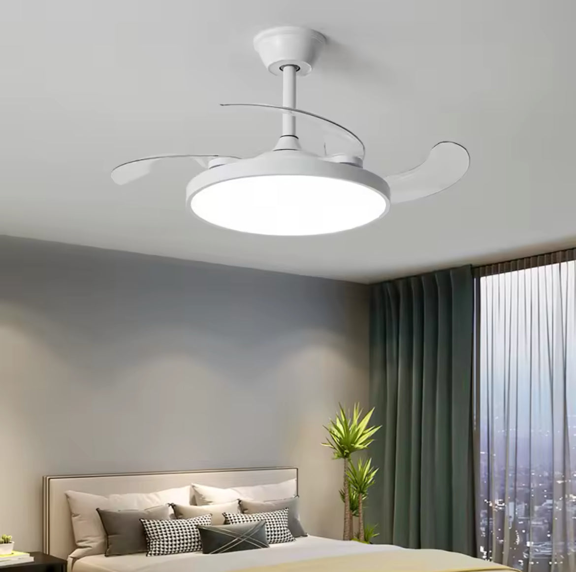 Ventilatore da soffitto con lampada LED integrata 40W dimmerabile con telecomando, pale retrattili invisibili, 6 velocità, funzione estate/inverno, luce calda, naturale, fredda, design moderno